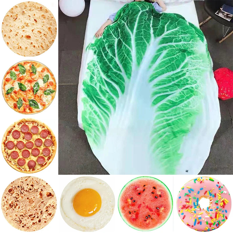 Fun Realistic Chinese Cabbage Tortilla Burrito Pizza Blanket, Donut Fried Egg, Watermelon Throw Giant Food Pattern