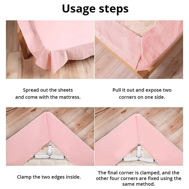 4Pcs Bed Sheet Fasteners – Adjustable Elastic Straps & Clips for Mattress Covers | Sheet Holder for Home Use