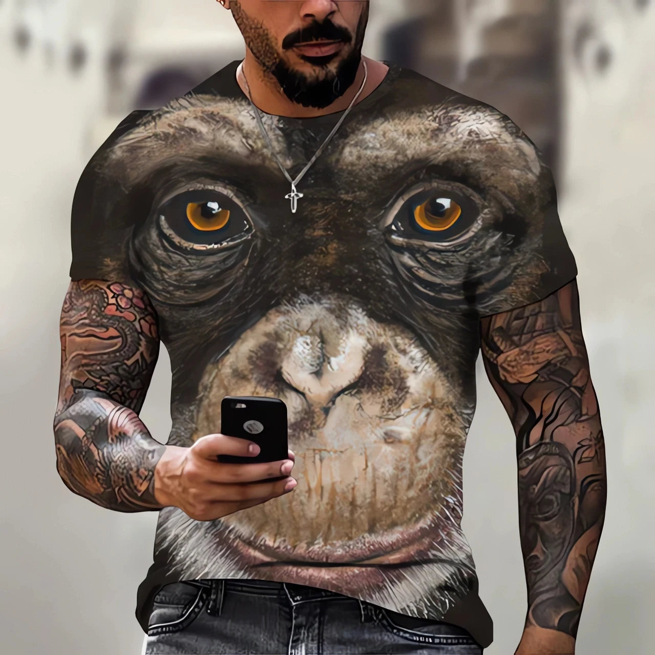 New men's T-shirt fashion 3D monkey print top summer casual short sleeved T-shirt men's fun clothing round neck loose oversized