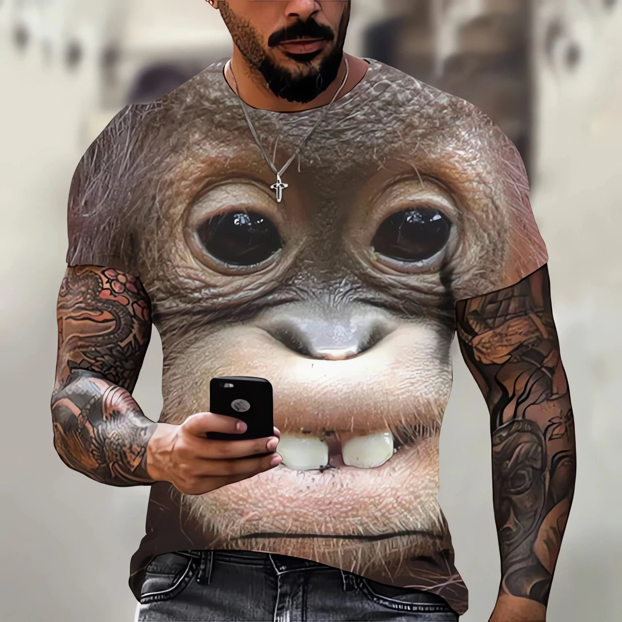 New men's T-shirt fashion 3D monkey print top summer casual short sleeved T-shirt men's fun clothing round neck loose oversized