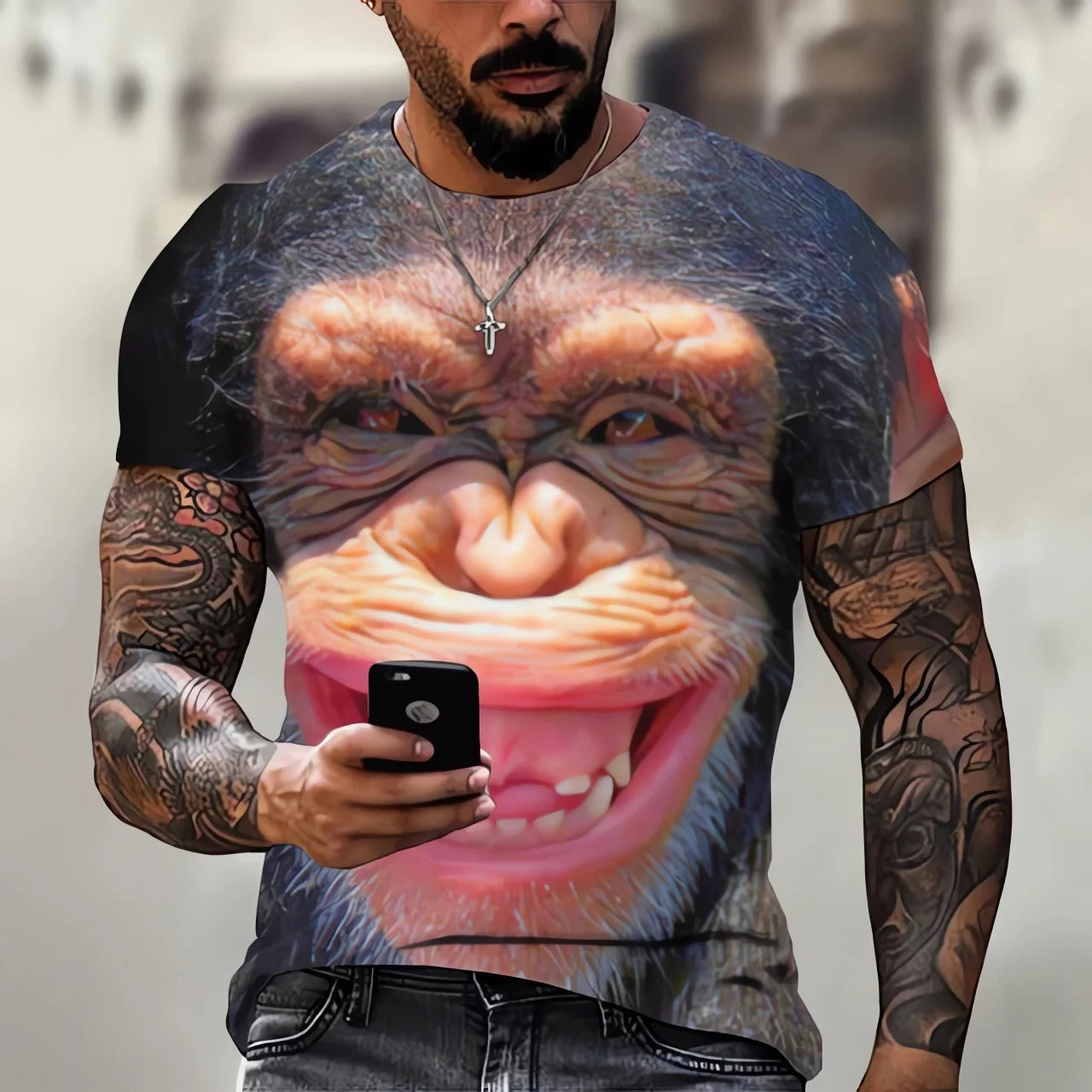 New men's T-shirt fashion 3D monkey print top summer casual short sleeved T-shirt men's fun clothing round neck loose oversized