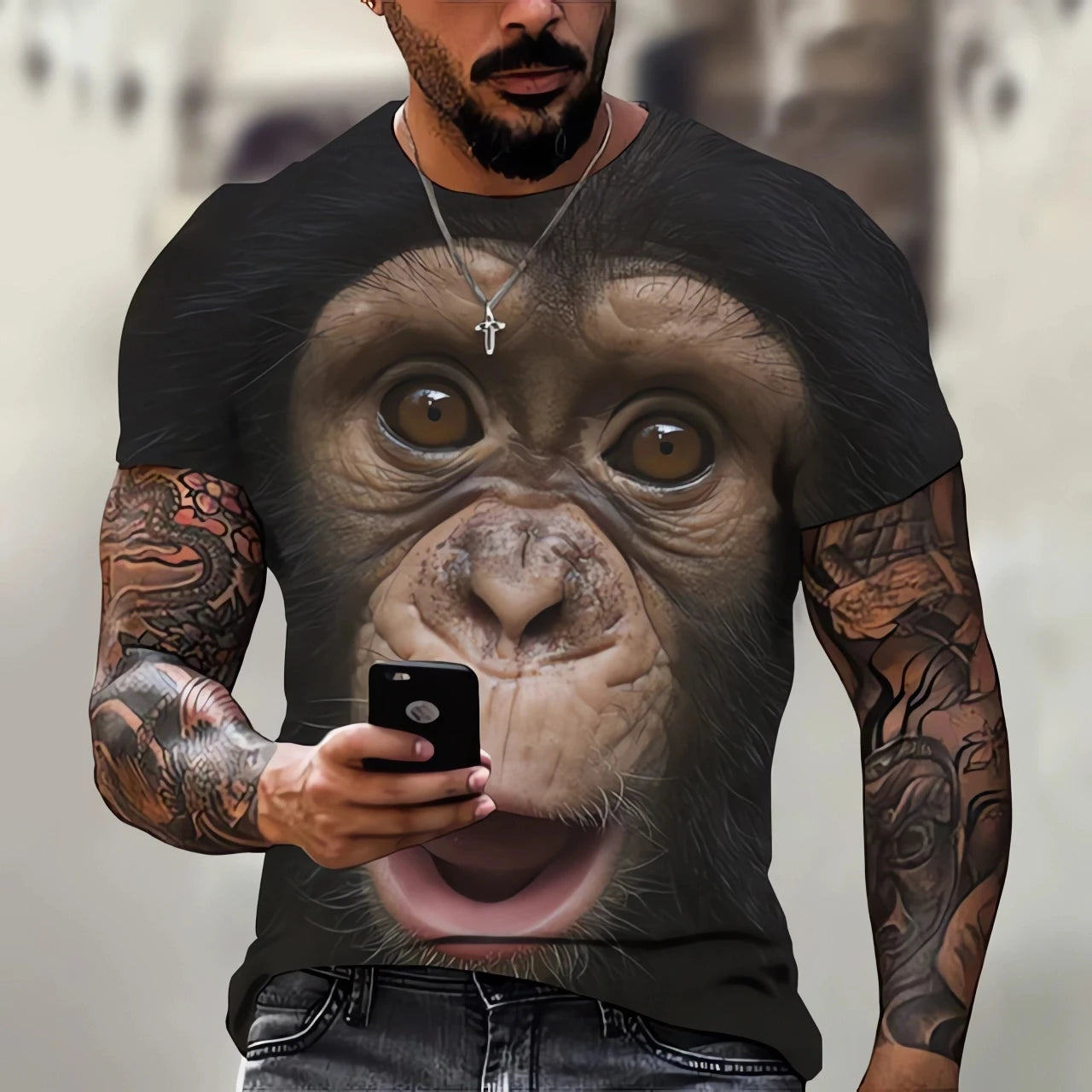 New men's T-shirt fashion 3D monkey print top summer casual short sleeved T-shirt men's fun clothing round neck loose oversized