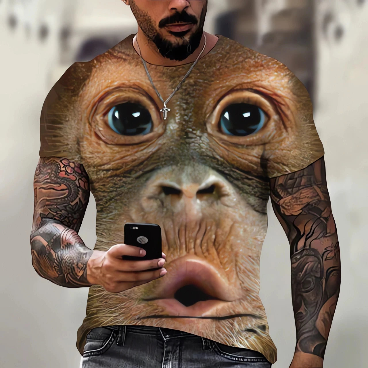 New men's T-shirt fashion 3D monkey print top summer casual short sleeved T-shirt men's fun clothing round neck loose oversized